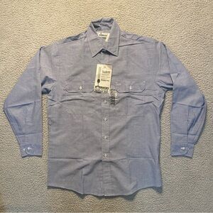 VTG Sears Roebuck Blue Chambray Denim Wrinkle Free LS Button Up Shirt Men's L